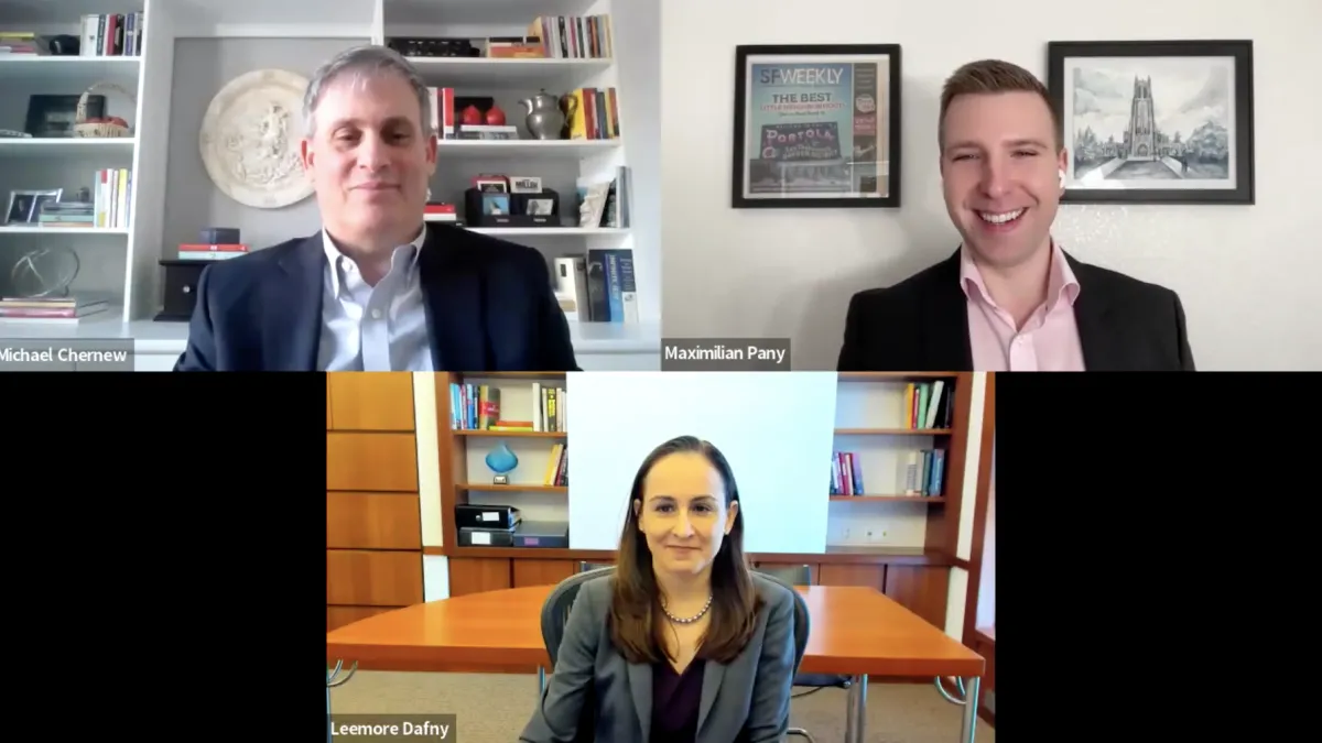 Screenshot of Zoom webinar featuring Professors Dafny and Chernew and moderator Max Many.