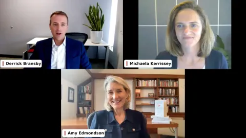 Screenshot of webinar, featuring Amy Edmondson, Michaela Kerrissey, and Derrick Bransby