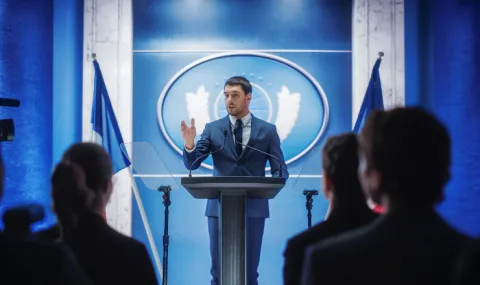 Image of a person standing at a podium giving a speech for the press.